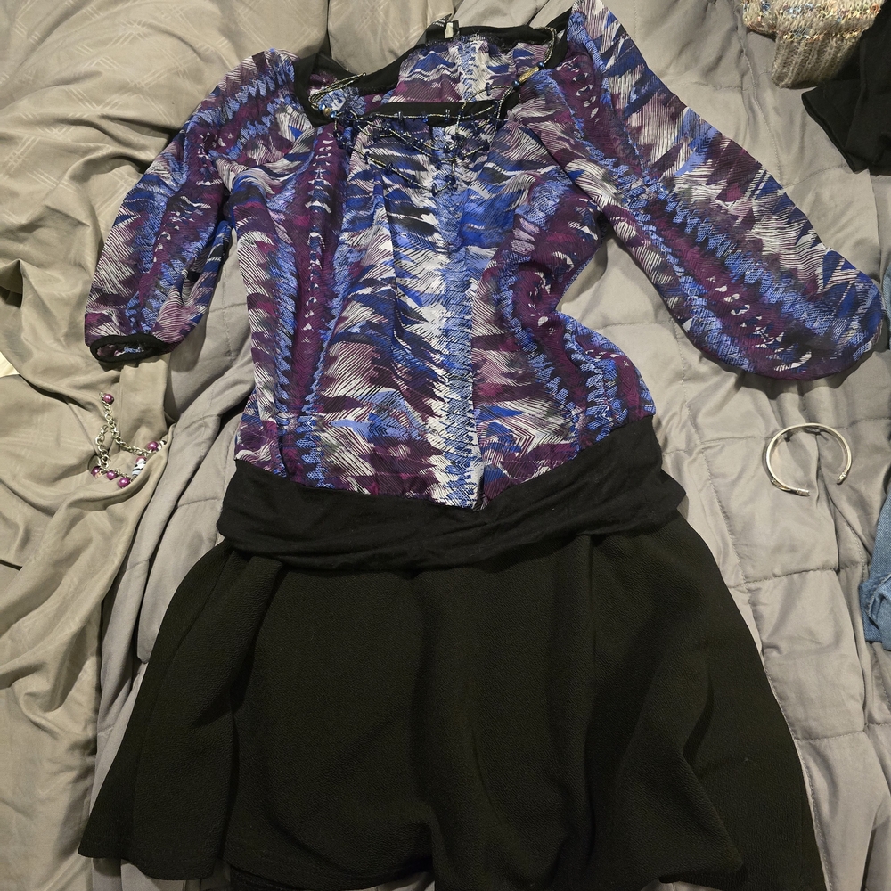 Bwear Blue and Purple Patterned Sheer Blouse.